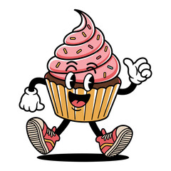 Retro cartoon vector cupcake character happily walking with cheerful expression and sprinkles on top