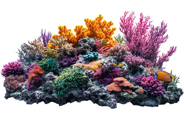 Vibrant coral reef teeming with life, showcasing a kaleidoscope of colors and textures against a stark white background.