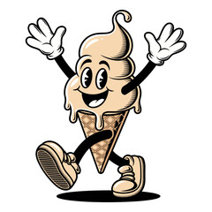 Vector cartoon character of a joyful ice cream cone in a playful pose with a happy facial expression