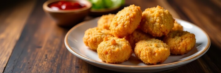 Appetizing chicken nuggets served with ketchup on a wooden table, delicious and tempting, breaded, fried, takeaway