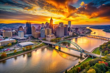 Fototapeta premium Pittsburgh Golden Hour Sunset Aerial View - Vintage Film Photography