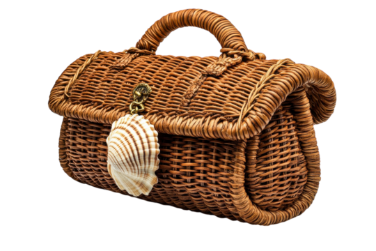 A charming woven handbag, reminiscent of a seaside treasure chest, adorned with a delicate seashell charm, exuding a rustic elegance.