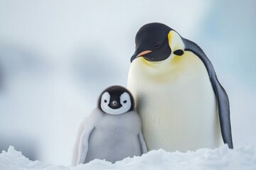 Emperor penguin protecting its baby chick in antarctica's snowy landscape