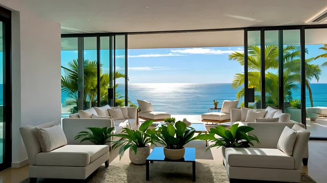 Bright luxury living room interior with ocean view and lush tropical plants