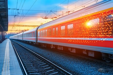 Obraz premium High-speed Train Departing Station at Sunset. A modern passenger train leaves the platform at dusk, illuminated by the warm glow of the setting sun.
