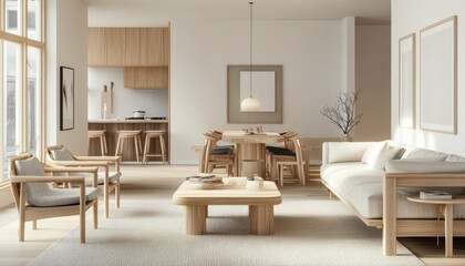Modern Minimalist Light Wood Apartment Living Room Interior Design Comfortable Sofa and Armchairs