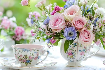 Delicate Pink and Blue Roses in Vintage Teacup Arrangement. A charming floral still life perfect for springtime celebrations or romantic settings.