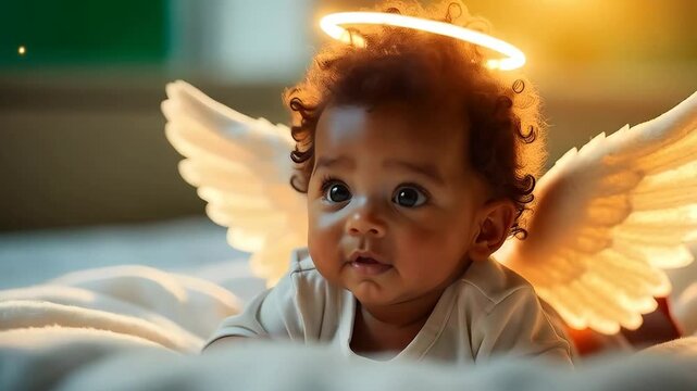 Black African American baby angel child with halo and wings