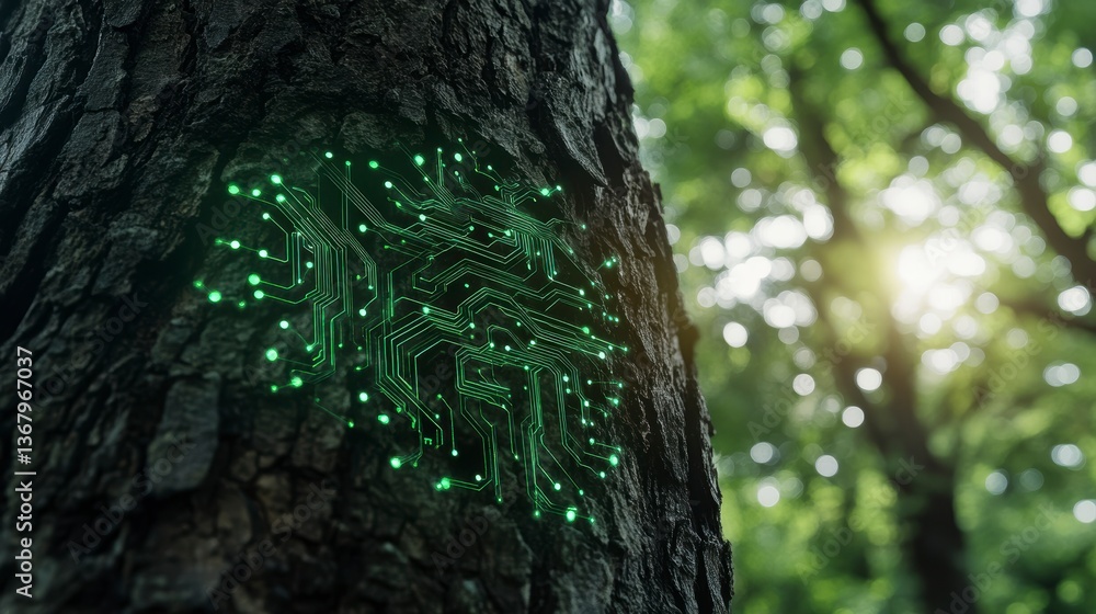 Aufkleber Glowing circuit board embedded in tree bark, representing technology in nature.