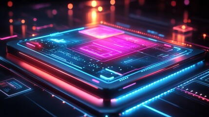 A technology podium with glowing metallic surfaces, floating touch screens, and vibrant digital elements