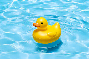 Yellow rubber duck afloat on clear blue water