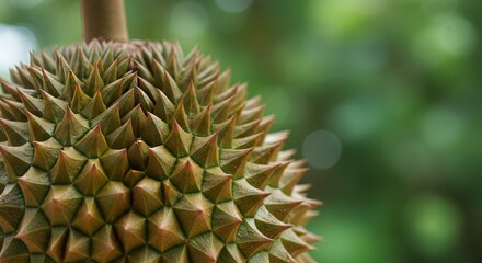 Close-up of Durian Fruit with Spiked Exterior and Green Bokeh Background