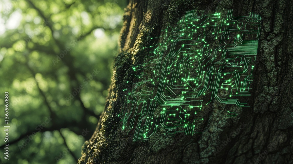 Poster glowing circuit board embedded in tree bark, nature and technology concept.