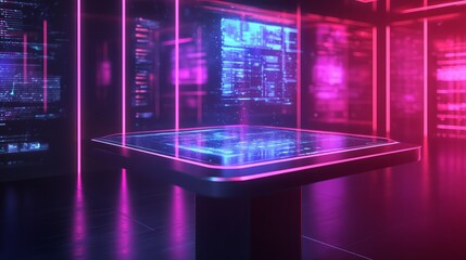 A technology podium with translucent materials, holographic projections, and interactive touch controls
