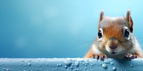 Cute squirrel peeking around a blue wall, with big eyes and a blue background. bokeh background