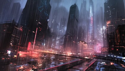 Fototapeta premium A futuristic metropolis scene under a stormy and heavy rainfall