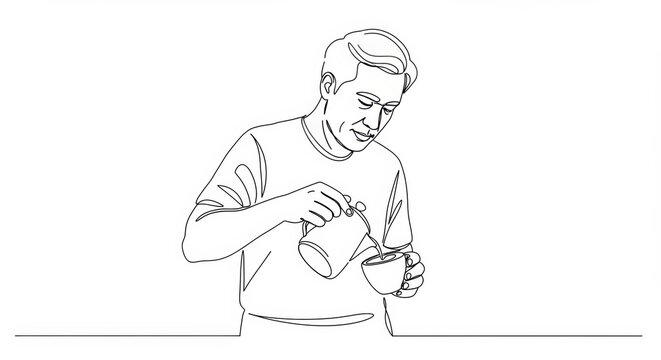 Single continuous line art: A barista pouring coffee with minimalist elegance