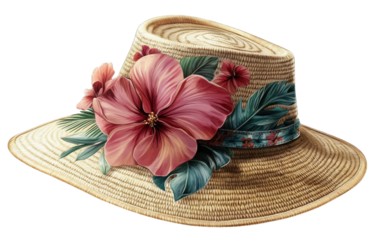 A sun-kissed straw hat adorned with vibrant hibiscus blossoms and tropical leaves, a stylish summer accessory ready for a seaside escape, beautifully illustrated with soft, natural light.