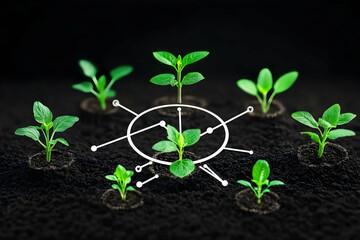 Naklejka premium Young plants interconnected, growing in dark soil, representing growth, network, and connection