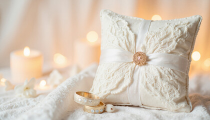 Elegant wedding ring pillow with candles and soft fabric background  