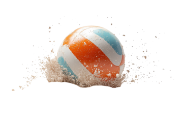 A vibrant beach volleyball exploding from the sand, a moment of playful energy captured in a dynamic splash of color and motion.