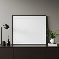 Minimalist interior mockup with blank frame. Empty frame wall poster mockup. Interior mockup with modern design. Contemporary interior scene