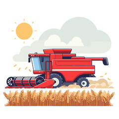 Red combine harvester working in wheat field under sunny sky. Ideal for agricultural industry illustrations, farming equipment catalogs, and harvest season content.