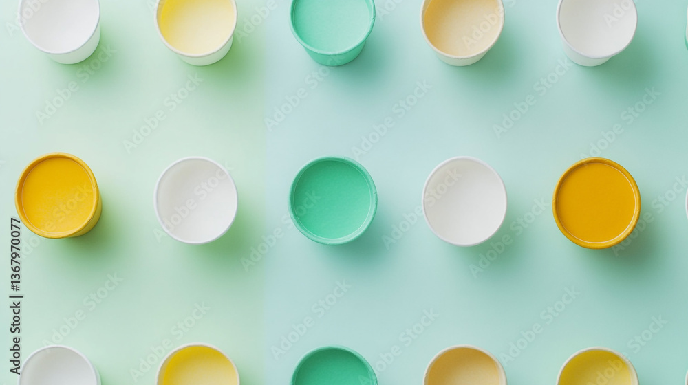 Poster top down view of colorful small cups in a grid pattern on a light blue background creates a pattern