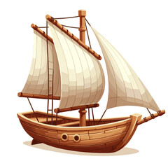 Classic wooden sailboat with multiple white sails. Ideal for maritime adventures, traditional sailing illustrations, and nautical-themed design projects.