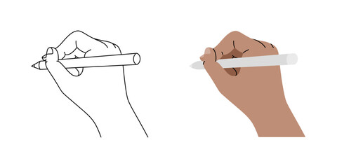 Isolated of a human right hand holding a pencil in line drawing and flat vector style.