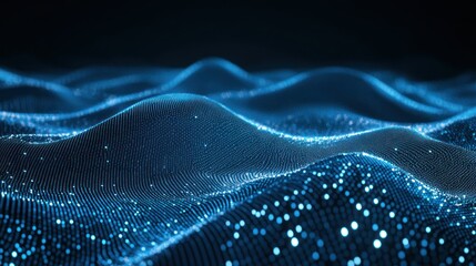 Abstract glowing blue wave surface with digital data particle field.