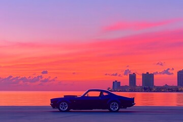 Classic Car Sunset Cityscape.