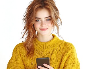 Smiling woman holding phone with white background.