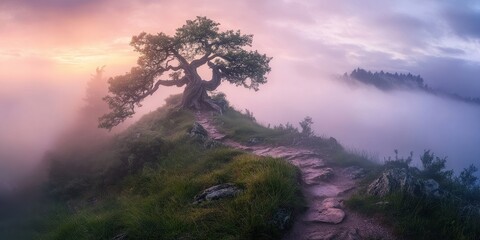 A solitary tree stands on a misty hill at sunrise, surrounded by a winding path.