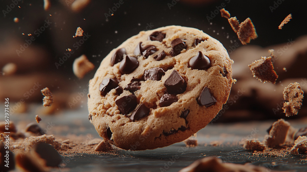 Poster a single chocolate chip cookie with crumbs floating around it on a dark blurred background