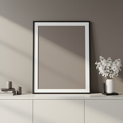 Minimalist interior mockup with blank frame. Empty frame wall poster mockup. Interior mockup with modern design. Contemporary interior scene