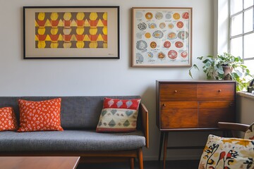 Mid-Century Modern Living Room Interior with Abstract Artwork and Colorful Pillows.