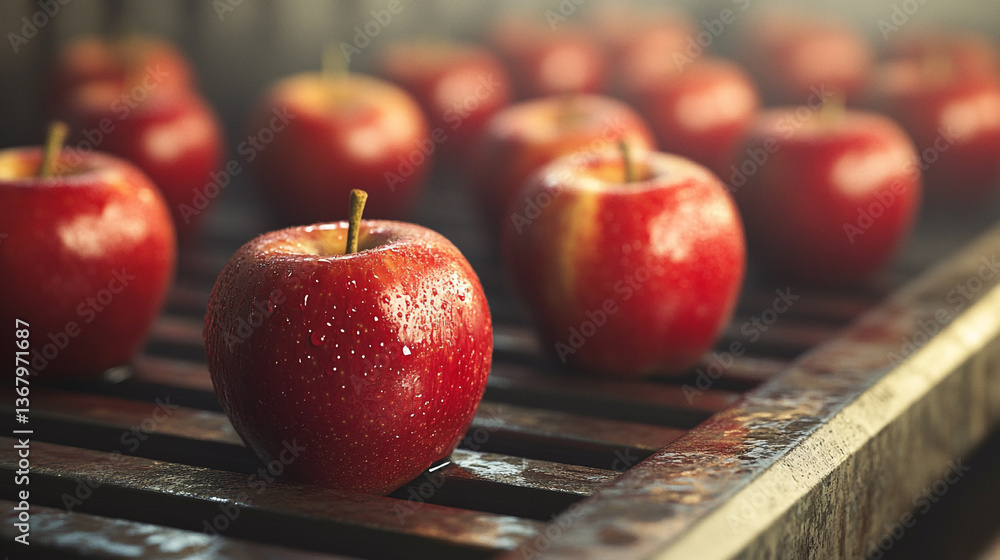 Poster a close up view of shiny red apples with water droplets on a metal rack in soft diffused light