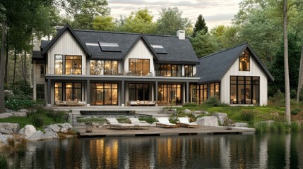 Fototapeta premium Lakeside Modern Farmhouse at Dusk