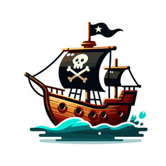 Vector illustration of pirate ship with skull flag on blue waves. Perfect for adventure themes and treasure hunt event promotions.