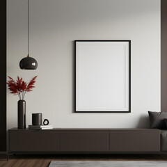 Minimalist interior mockup with blank frame. Empty frame wall poster mockup. Interior mockup with modern design. Contemporary interior scene