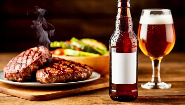 A cold bottle of beer and a glass next to the hot meat on the plate 
