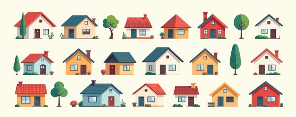 Assorted minimalist house symbols in flat design style, building, residential