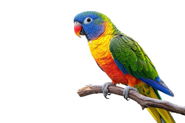 A vibrant rainbow lorikeet perched on a branch, showcasing its dazzling plumage against a clean white background.