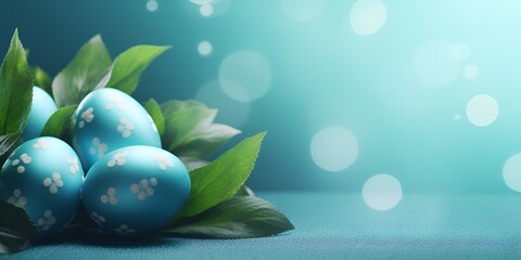 Easter background with painted eggs and green leaves on a blue background, an e-commerce banner design for Easter Day celebration. bokeh background