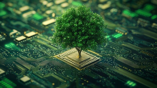 Lush green tree growing from a central processing unit on a circuit board, symbolizing sustainable technology.