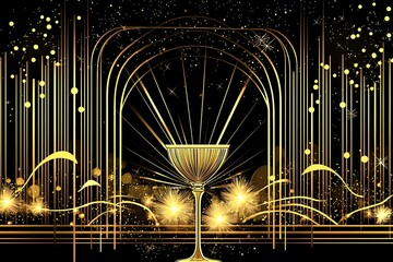 Golden Celebration Art Deco Style Champagne Glass with Festive Sparkle.