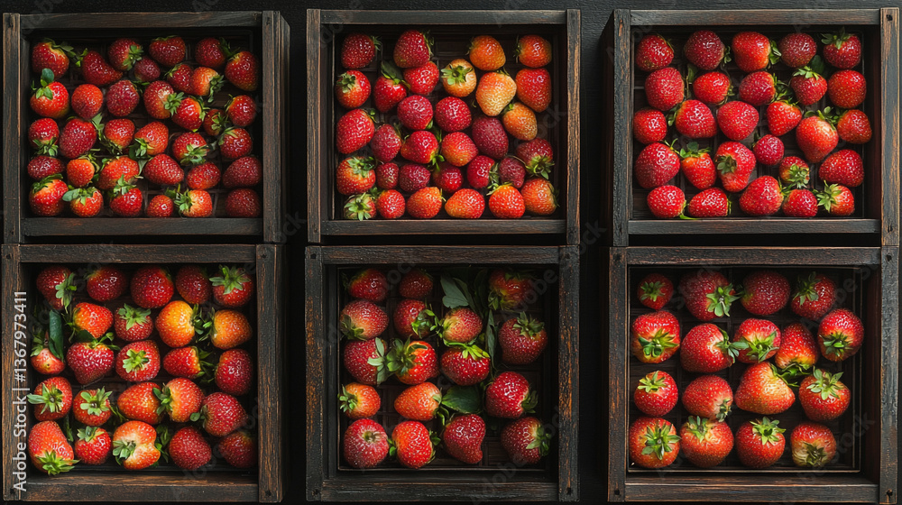 Poster strawberries arranged in wooden boxes creating a pattern of fresh red summer fruit display