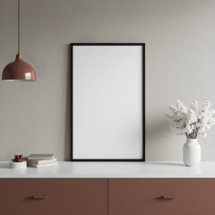 Minimalist interior mockup with blank frame. Empty frame wall poster mockup. Interior mockup with modern design. Contemporary interior scene