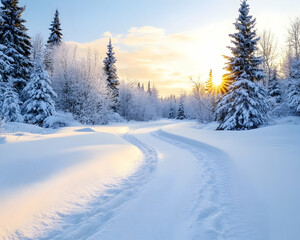 Winter path curving through snow-covered trees at sunset